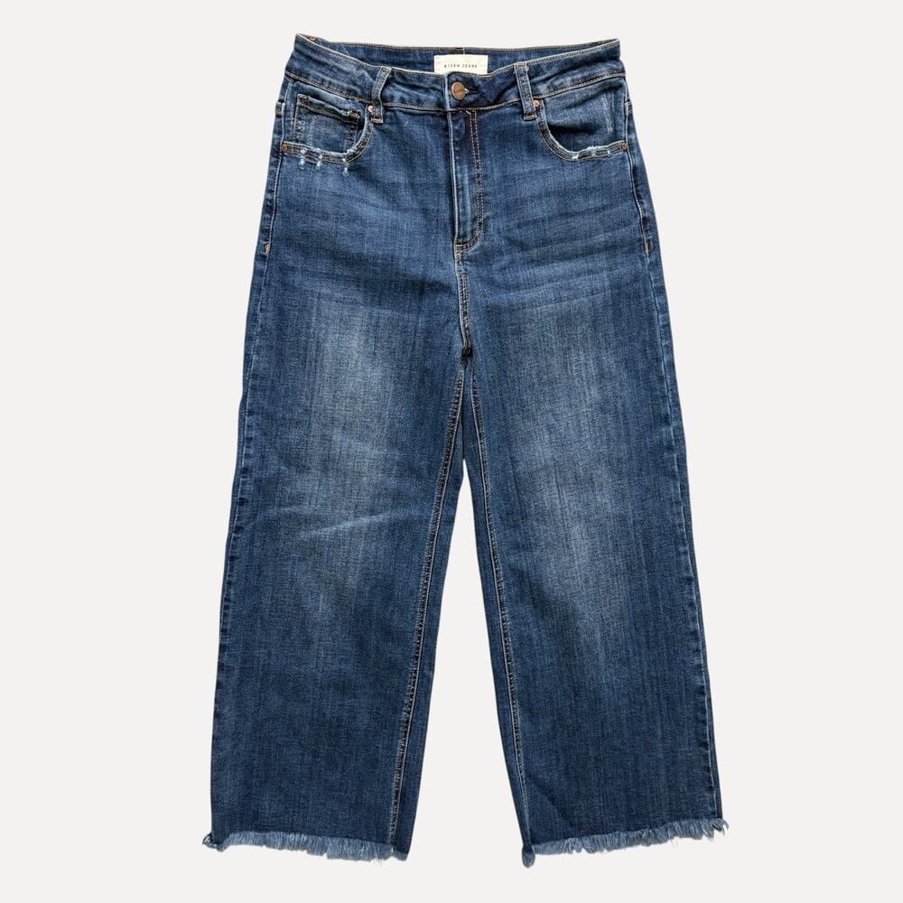 Risen High Rise Cropped Wide Leg Jeans Dark Wash Stretch Denim 9/29